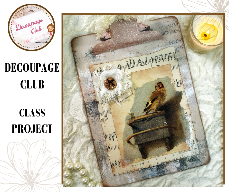 Clipboard up-cycled with napkins and vintage paper, in the Decoupage Club Subscription box, weekly class