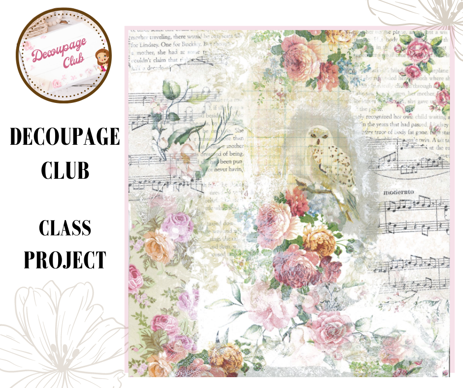 Created mixed media page during the weekly class of Decoupage Club Ladies. We used some napkins from the subscription box.
