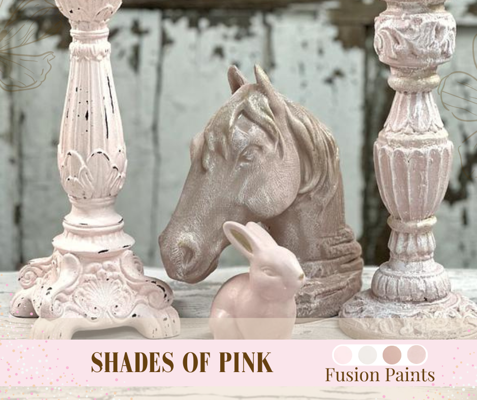 I used 3 shades of pink in the Fusion Mineral Paint line, damask, picket fence, and peony. Also pretty paint colors for Shabby Chic look