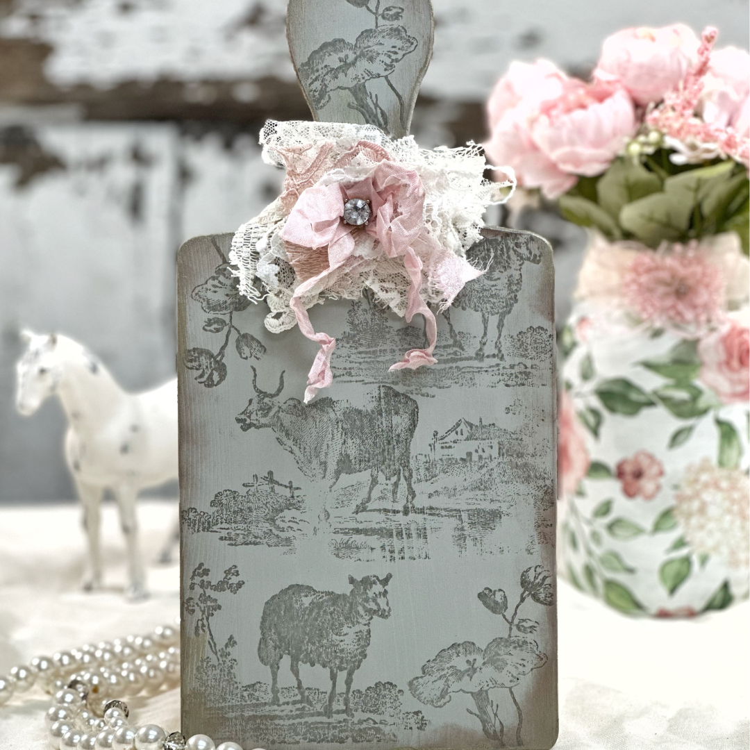 decor cutting board with a toile pattern created using the La Campaign Stamp From IOD